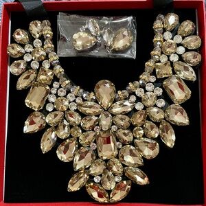 Statement Crystal Bib Necklace and Earrings - Gold-Tone